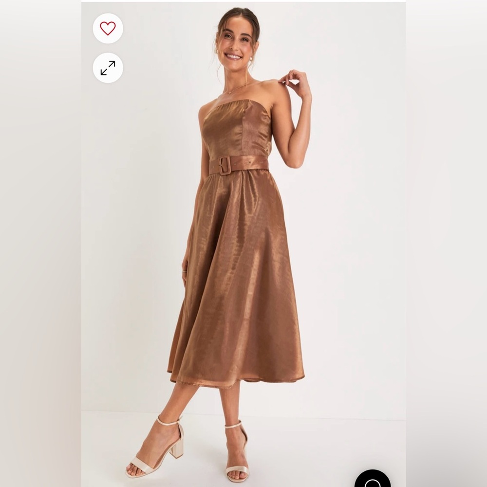 STUNNING NWT Lulus Shiny Brown Strapless Belted Midi Dress